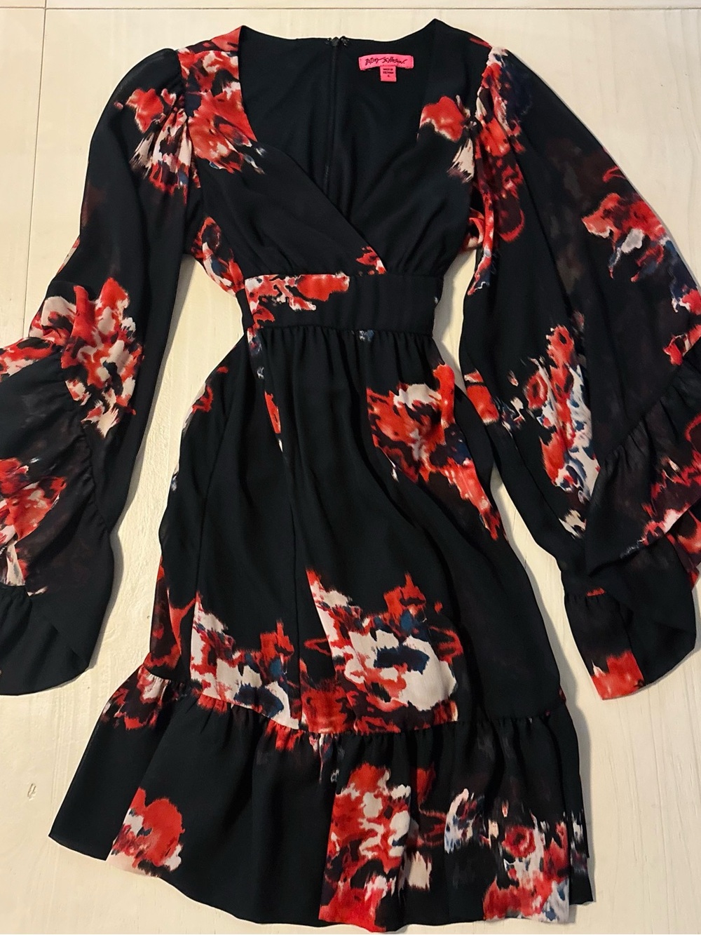Betsey Johnson Black Floral Wrap Dress with Red Accents